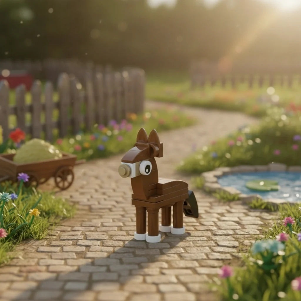 Toy horse on a cobblestone path in a garden with flowers and a pond.