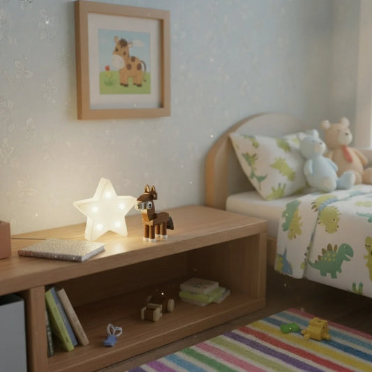 Children's room with wooden shelf, star-shaped lamp, and colorful bedding enhance with a Donkey Building Block