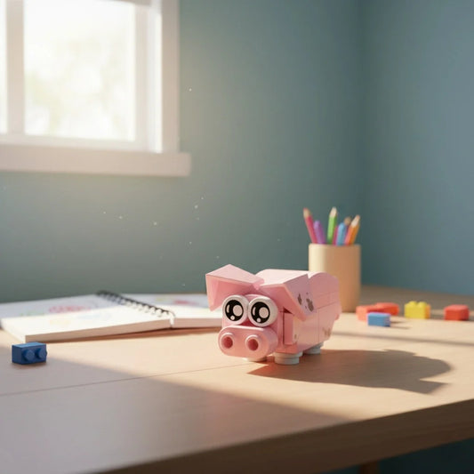 Pink pig-shaped toy on a desk with colorful pencils and stationery items.