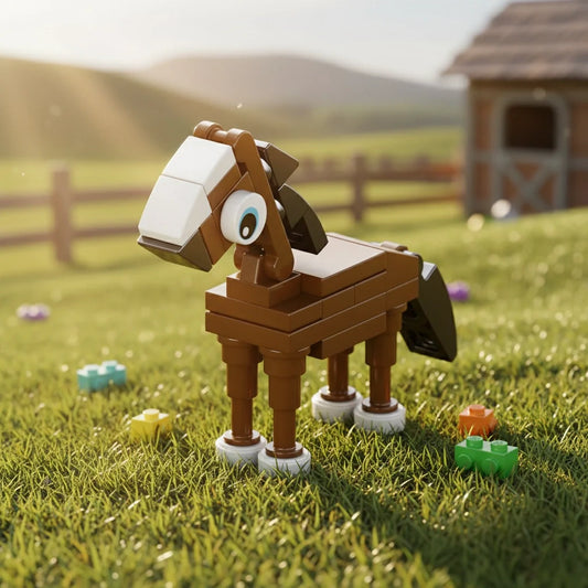 Horse Building Block made of interlocking bricks on grass with a barn in the background