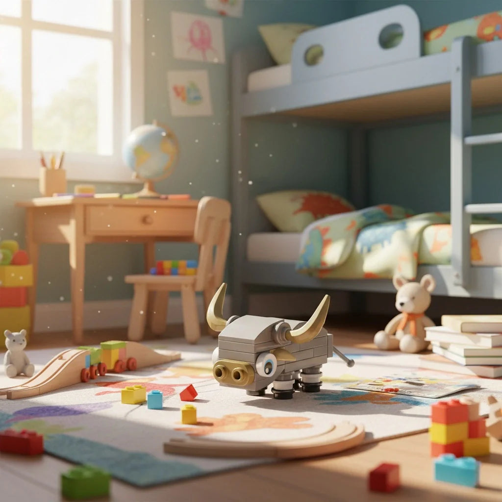 Children's room with toys, a buffalo shaped block, and a bunk bed.