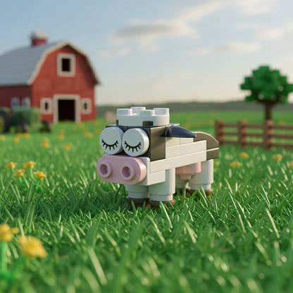 Toy cow made of interlocking bricks in a grassy field with a red barn in the background