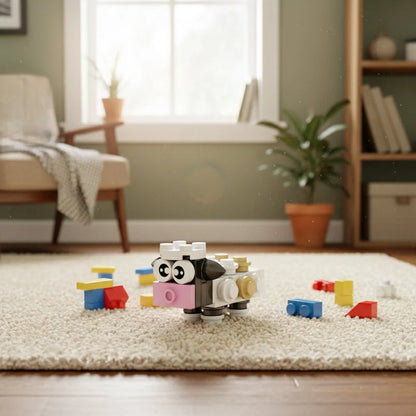 Colorful Sheep Building Block figure made of interlocking bricks on a carpeted floor with a cozy room background.