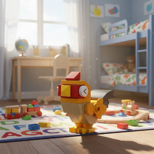 Toy Chicken made of interlocking bricks in a child's room with toys and furniture.