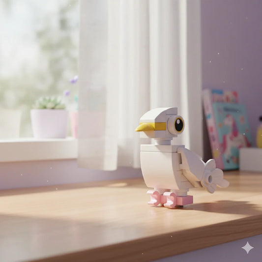 Small Dove Building Block toy on a wooden surface with a bright background