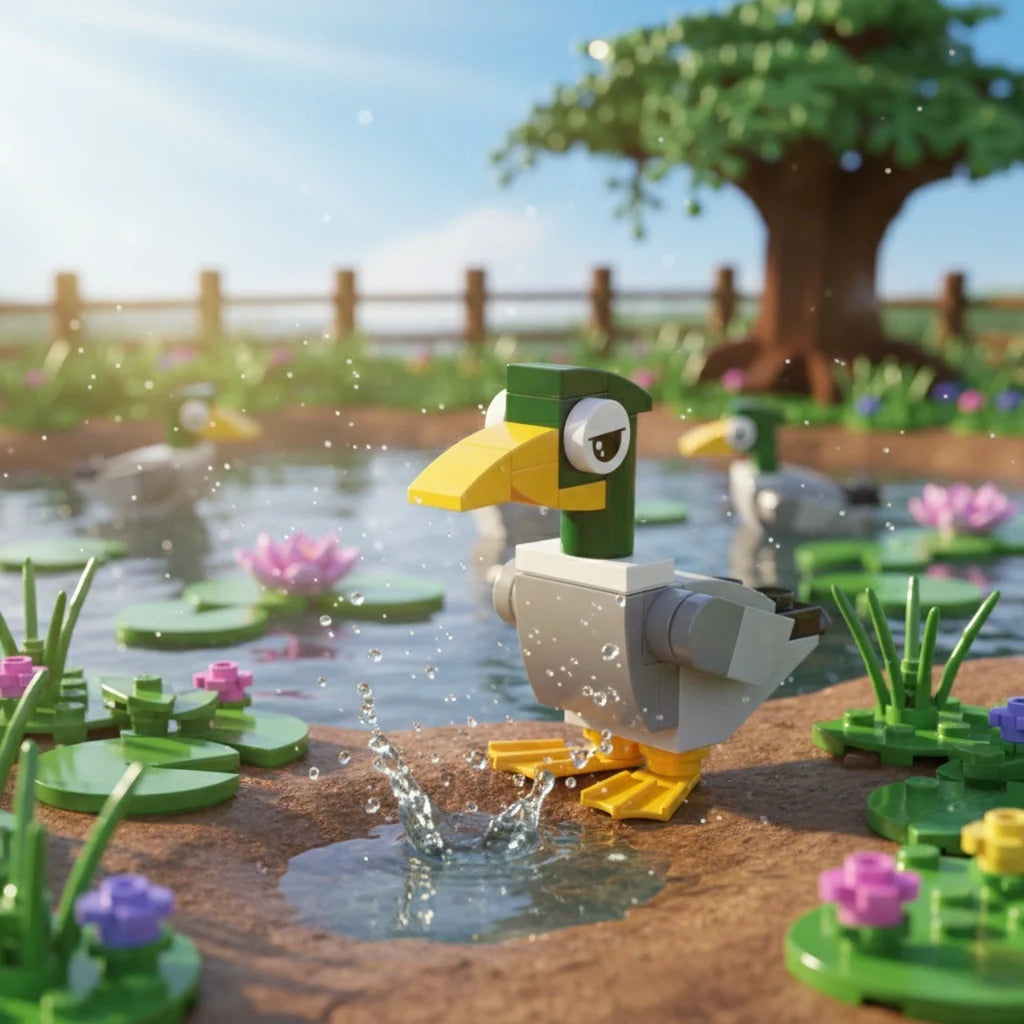 duck in a pond with lily pads and a tree in the background