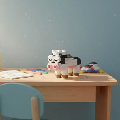 Toy cow model on a wooden desk with stationery items against a light blue wall.