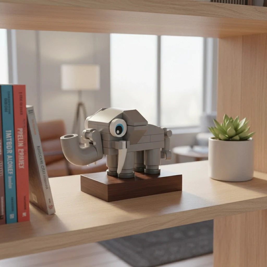 Decorative elephant building block sculpture on a wooden shelf