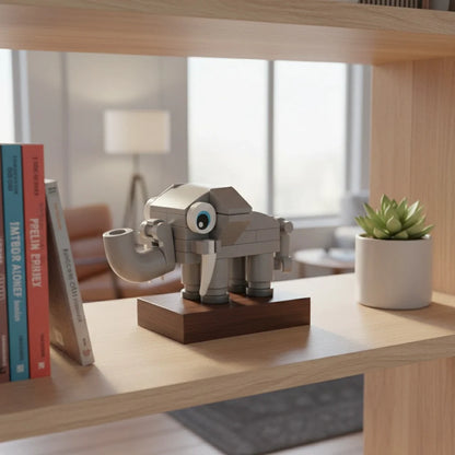 Decorative elephant building block sculpture on a wooden shelf