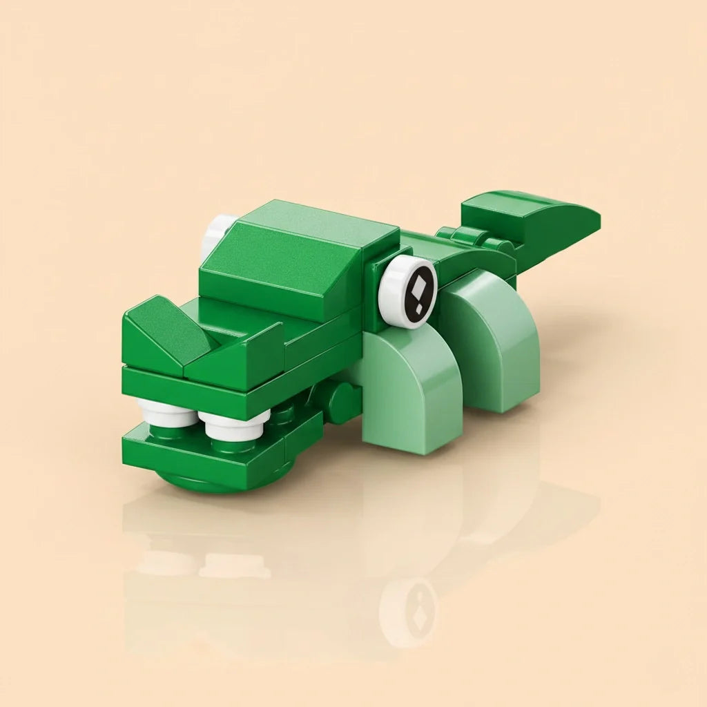 Green toy Crocodile Building Block made of building blocks on a beige background