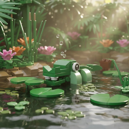 Crocodile Building Block in a pond with lily pads and flowers in a forest setting
