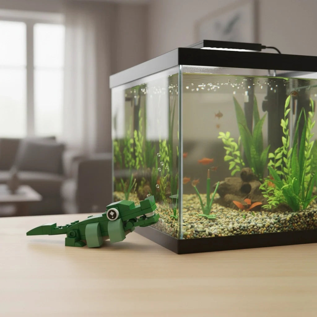 Small aquarium with green plants and fish, accompanied by a green crocodile-like toy on a table.