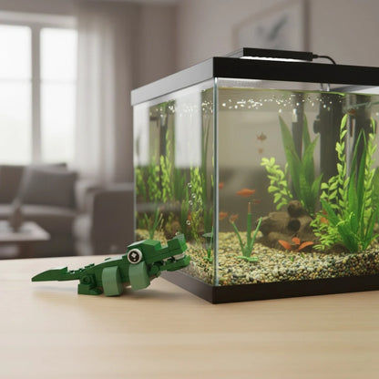Small aquarium with green plants and fish, accompanied by a green crocodile-like toy on a table.
