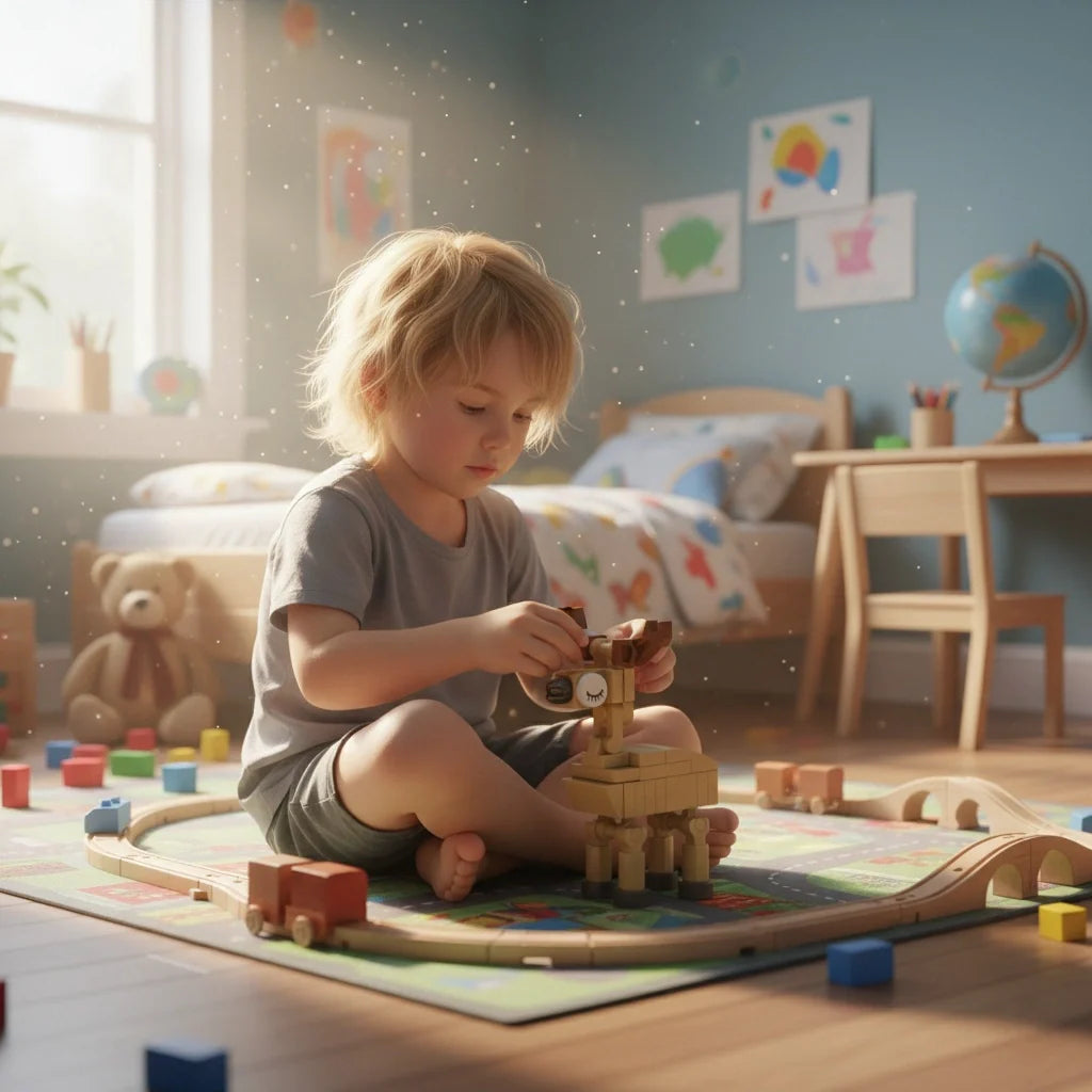 Child playing with Elk Building Block in a child-friendly room with colorful decor.