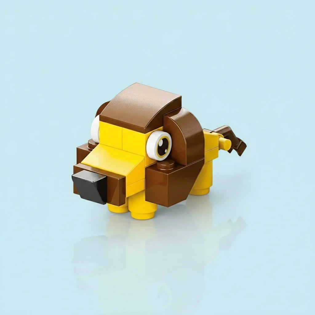 A small, cute lion made from yellow and brown building blocks with big eyes, placed against a clean light-blue background.