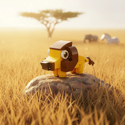 A cute yellow-and-brown lion building block toy standing on a rock