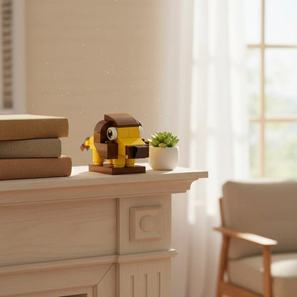 A cute yellow-and-brown lion building block toy displayed on a wooden shelf
