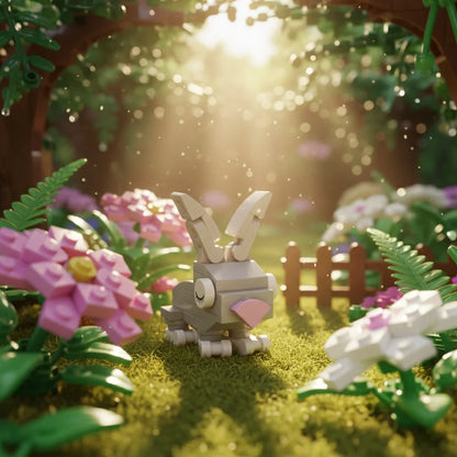Toy rabbit figure in a garden with flowers and sunlight