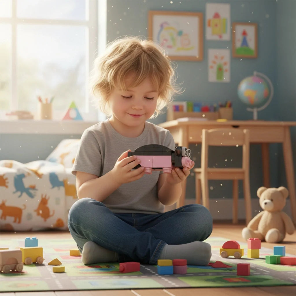 Child playing with a toy in a colorful room with toys and furniture.