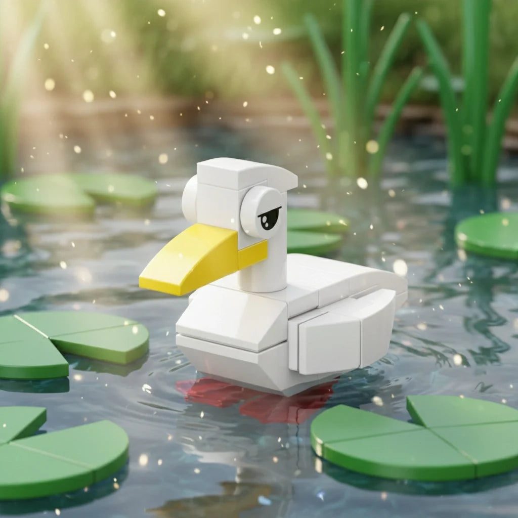 White Duckling Building Block toy floating on water with green lily pads and reeds in the background