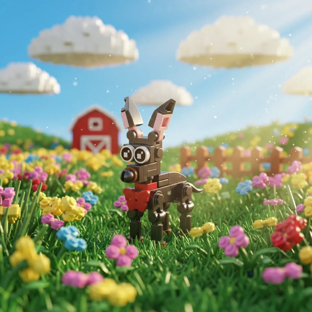 Toy Doberman Pinscher Building Block in a colorful field.
