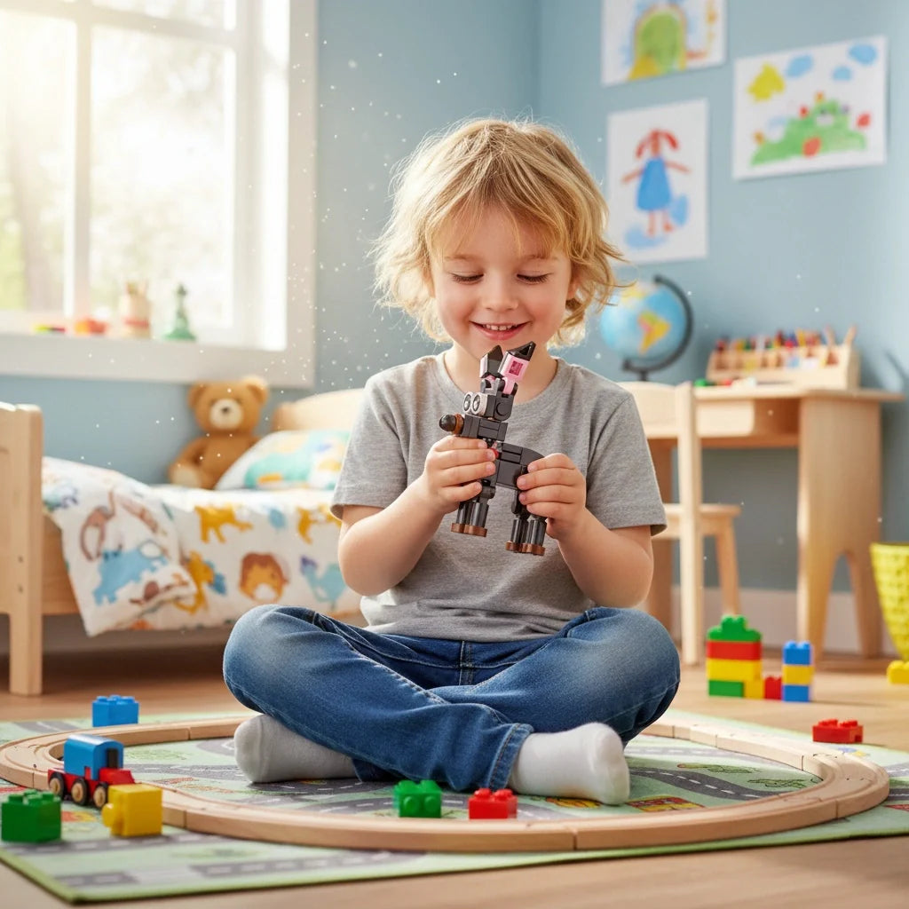 Child playing with toys Doberman Pinscher in a colorful room