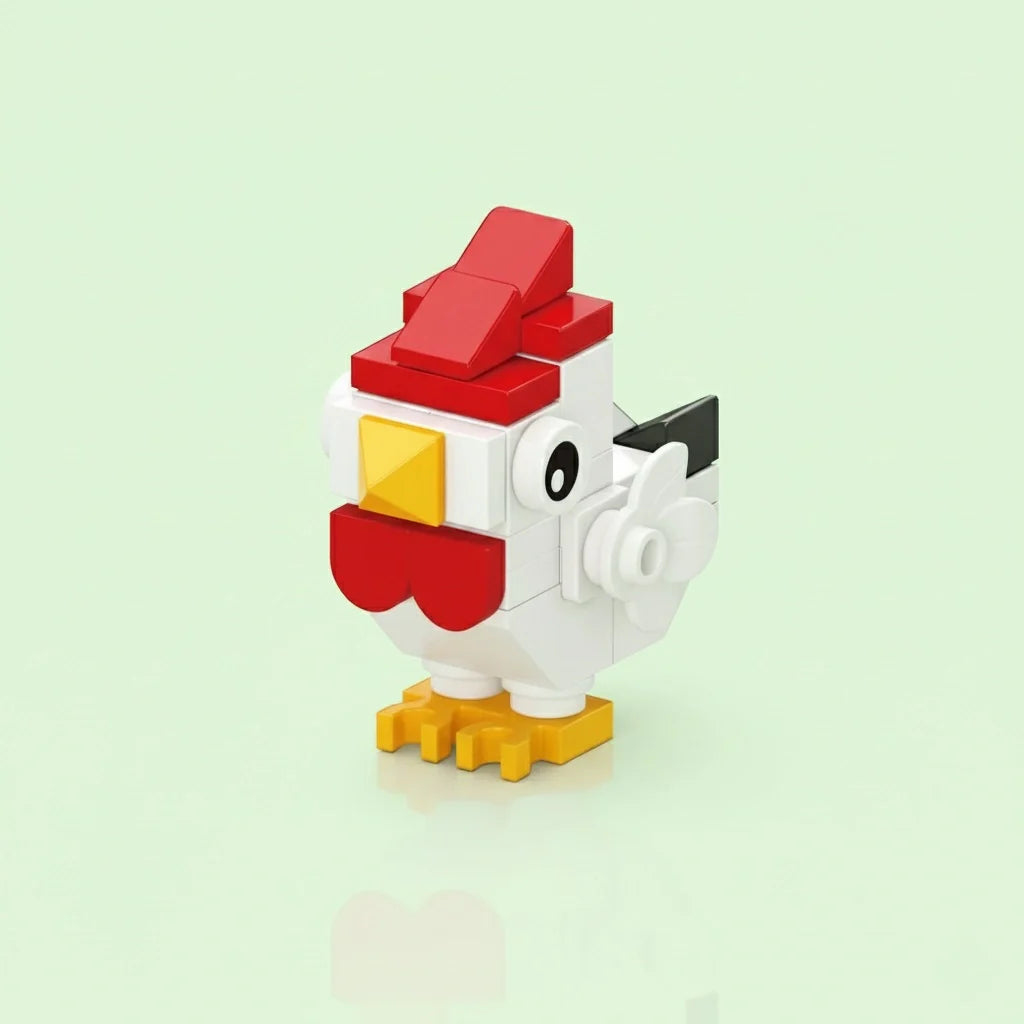Toy Chick Building Block made of interlocking bricks shaped like a rooster on a light green background