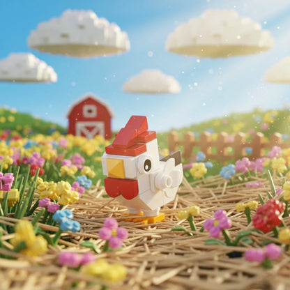 Toy Chick figure on a hay bale with a colorful field and barn in the background