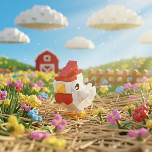Toy Chick figure on a hay bale with a colorful field and barn in the background