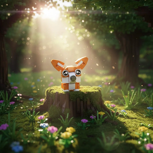 Toy figure of a Corgi Building Block on a mossy stump in a forest with sunlight filtering through the trees.
