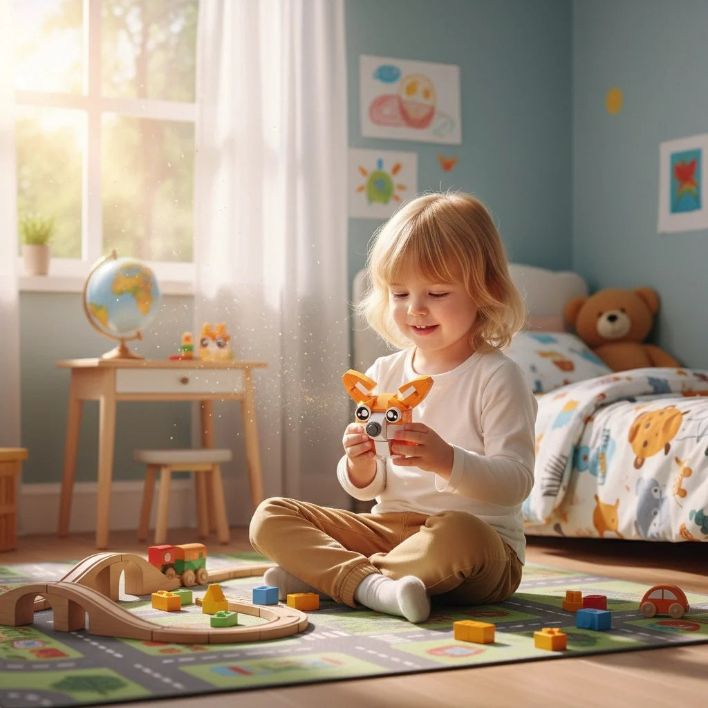 Child playing with Corgi Building in a room