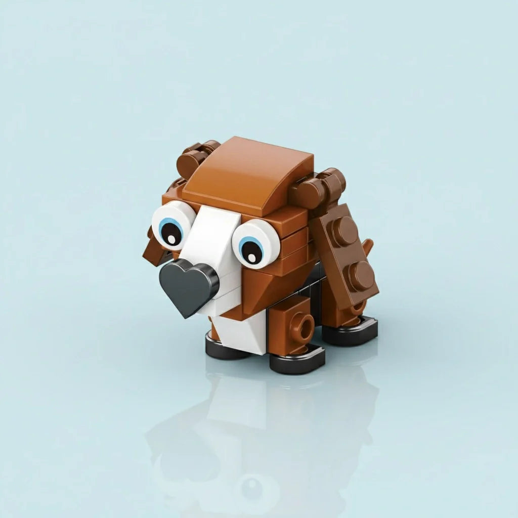 Toy figure made of interlocking bricks on a light blue background