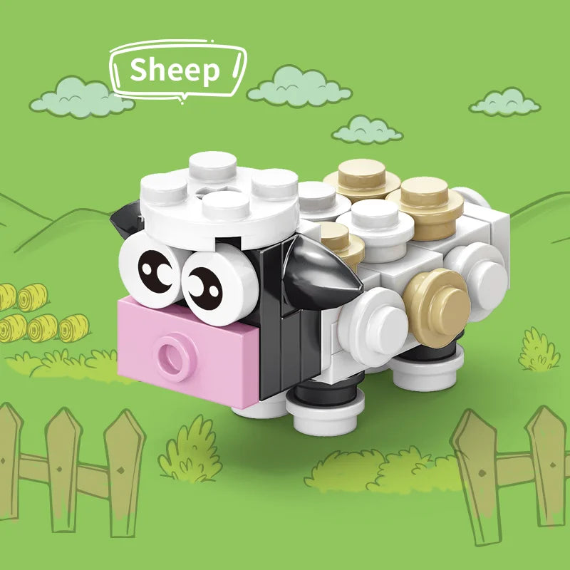 Toy sheep made of interlocking bricks on a green background with cartoon-style landscape
