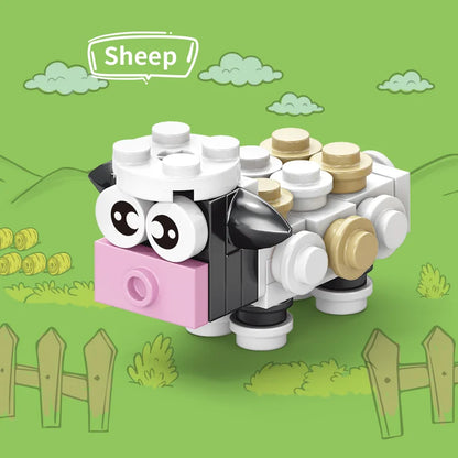 Toy sheep made of interlocking bricks on a green background with cartoon-style landscape
